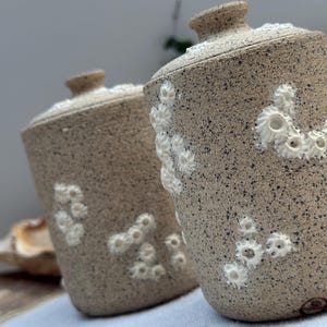 Pode incluir: Dois potes de cerâmica bege salpicados com tampas. Os potes são decorados com desenhos brancos texturizados em forma de flor. As tampas têm um pequeno botão na parte superior. Os potes são cilíndricos e têm uma aparência rústica e artesanal.