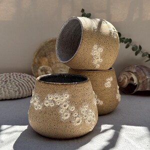 May include: Three handmade ceramic cups with a speckled, tan exterior and white, floral-like embellishments. The interior of the cups is a contrasting light gray. The cups are arranged in a stack, with seashells in the background.