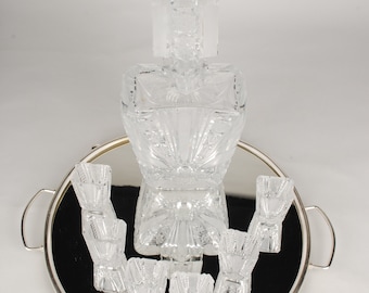 Art Deco Bohemian Cut Crystal Glass Decanter set, Beautiful hand made cut crystal Liquor set, listed in Czechoslovak Glass Review 1946