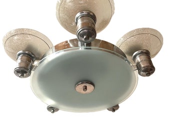 Bauhaus Modernist chrome chandelier, Large Art Deco Pendant Light, Napako, Czechoslovakia, 1930s, Factory Design, Machine age, Eight light