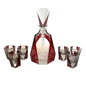 Palda Art Deco Glass decanter set, Bohemian Cut to Clear Ruby decanter Set, Karl Palda Czecoslovakia, 1930's Liqueur Set