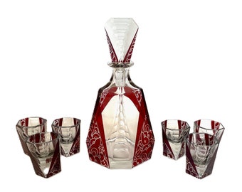 Ensemble de carafe en verre Palda Art Déco, ensemble de carafe Boho Cut to Clear Ruby, Karl Palda Tchécoslovaquie, ensemble de liqueur des années 1930