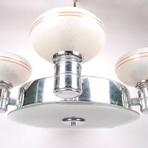 Art Deco Machine Age style Chandelier, Streamline circular Chandelier in Chrome and Frosted Glass, 1940s