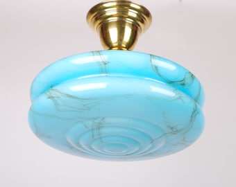 Beautiful Art Nouveau blue marble glass Ceiling Fixture, originally marked by S. Reich & Co.,KRASNO glassworks, 1920&#39;s Bohemian flush mount