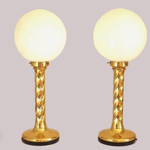 Hollywood Regency Gilt Brass lamps, Pair of Mid-century Table Lamps, Twist Columns and White Opaline Glass Globes, 1950s, Art Deco style