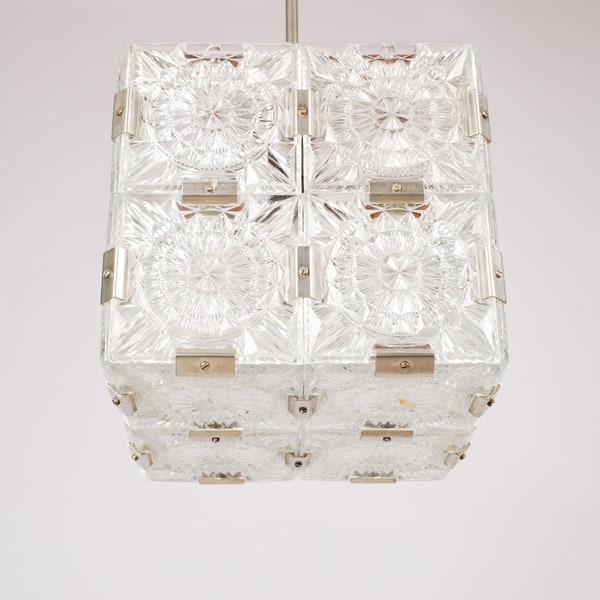 Glass Cube Pendant Light, Mid-Century Czech crystal glass cube by Kamenicky Senov,  in the style of Kalmar