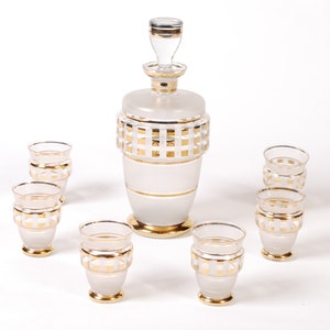 Golden geometrical design Decanter set, Bohemian Czech Mid-Century Vintage Crystal Glass Liquor Set