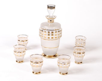 Conception géométrique dorée Decanter set, Boho Czech Mid-Century vintage Crystal Glass Liquor Set