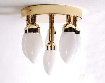 Sputnik flush mount, polished brass ceiling fixture with six opaline hand blown cone shaped globes, Kamenicky Senov