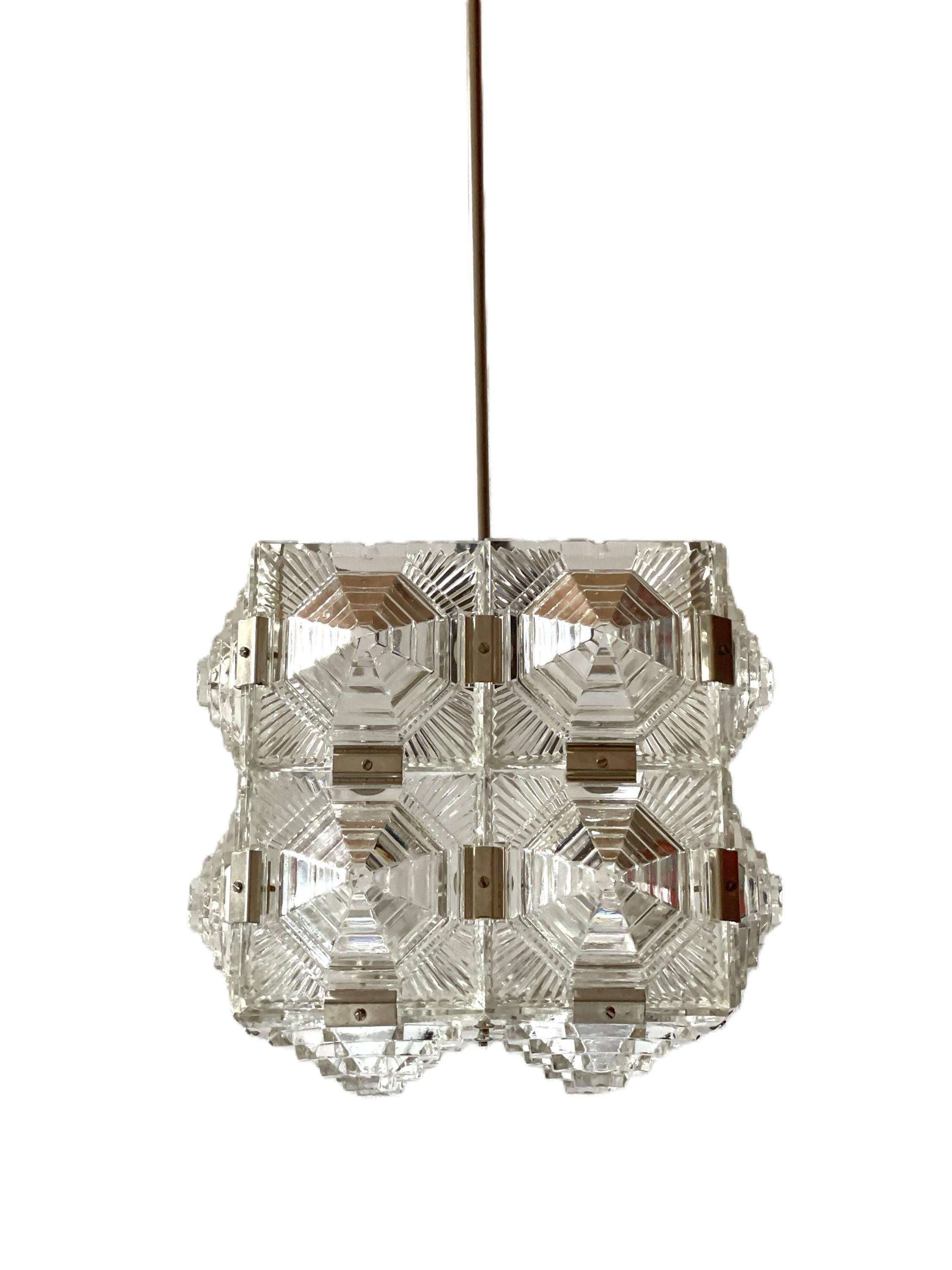 Kamenicky Senov glass cube pendant, Mid-Century modernist Glass Crystal Chandelier in the manner of Kinkeldey