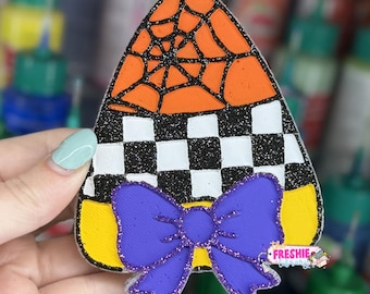 Spider Web Checkered Candy Corn Mug Freshie | Halloween Car Air Freshener