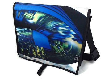 Large heart shoulder bag, blue, green, white, perfect for laptop, school bag, briefcase, recycling, recovered