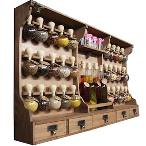 Gabinete de especias estilo vintage color madera con 30 burbujas botellas de aceite Spice Bubbles. imagen 4