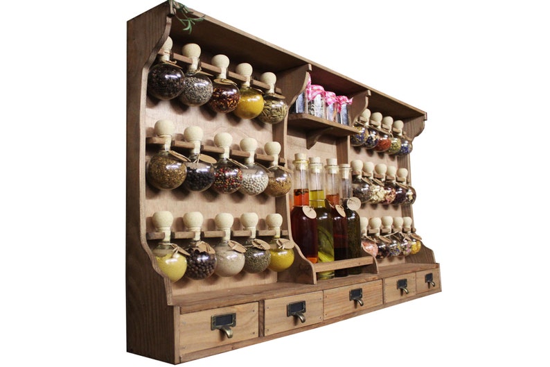 Gabinete de especias estilo vintage color madera con 30 burbujas botellas de aceite Spice Bubbles. imagen 4