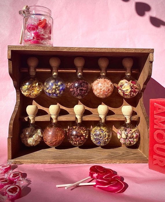 Etagère à épices en bois de style vintage avec 10 bulles en verre - Bulles d'épices - Spécial Saint-Valentin