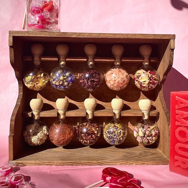 Etagère à épices en bois de style vintage avec 10 bulles en verre - Bulles d'épices - Spécial Saint-Valentin