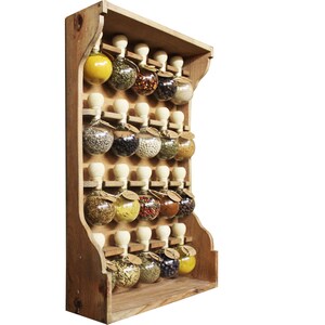 Wooden spice rack - Vintage style kitchen storage - with 20 glass spice bubbles and wall mount - "Bulles d'épices"