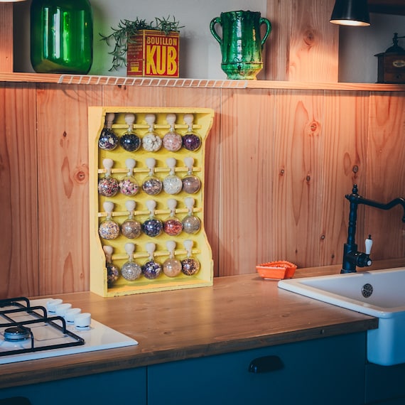 Wooden Spice Rack yellow Patina Vintage Kitchen Storage With 20