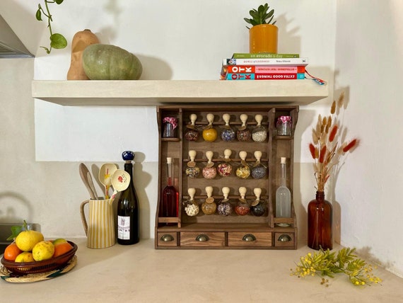 Wooden Spice Rack Vintage Kitchen Furniture 15 Spice Bubbles 2 Oil Bottles 2 Jam Jars and Labels Etsy