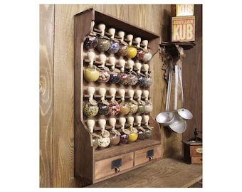 Meuble à épices en bois - Authentique étagère cuisine rétro - avec 28 bulles , étiquettes et support mural - Bulles d'épices