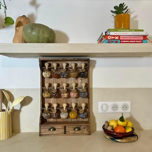 Wooden spice rack - Vintage kitchen shelve - with 15 glass spice bubbles and wall mount - "Bulles d'épices"