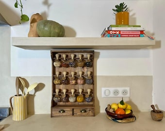 Wooden spice rack - Vintage kitchen shelve - with 15 glass spice bubbles and wall mount - "Bulles d'épices"