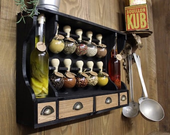 Etagère à épices en bois de style vintage avec 10 bulles et huiles (Patine Noire)