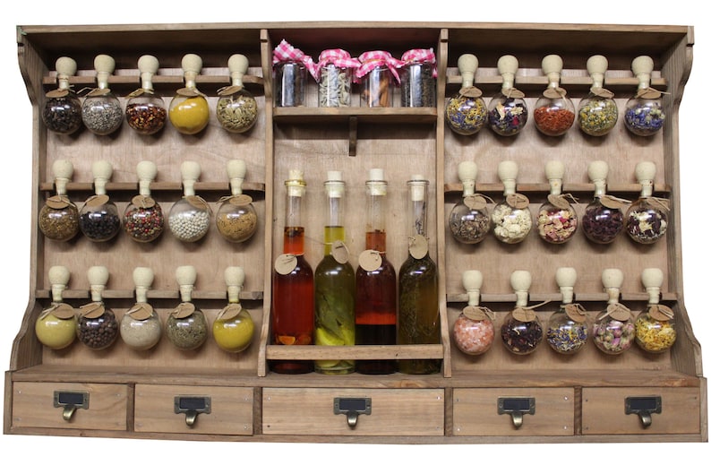 Gabinete de especias estilo vintage color madera con 30 burbujas botellas de aceite Spice Bubbles. imagen 6