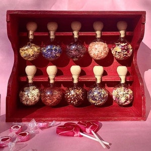 Red wooden spice rack with 10 glass jars - Spice jars - Valentine's Day Special