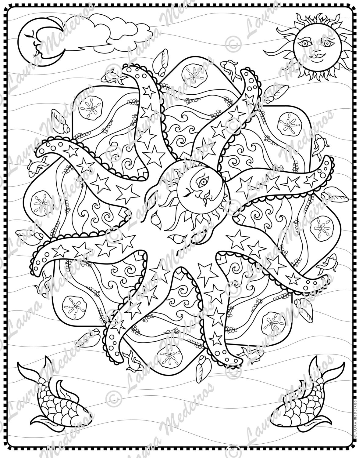 Octopus Sun and Moon Mandala Coloring Page Digital Download Etsy Ireland