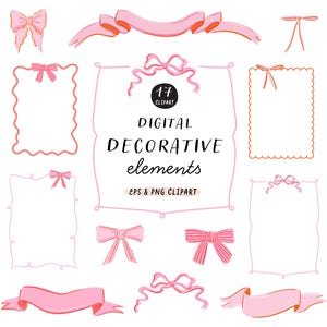 ピンクのデジタルデコレーションクリップアートパック - リボン、ボーダー、リボンのPNGをすぐにダウンロード。招待状、カード、テンプレート用の装飾素材