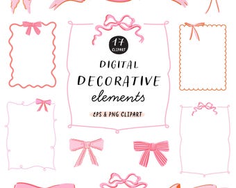 Pink Digital Decoration Clipart Pack - Bows, Borders, Ribbons Instant Download PNGs. Decorative Elements for Invitations, Cards, Templates