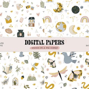 Mysterieus digitaal papier, hemels naadloos patroon, vrouwelijk magisch plakboekpapier, maan handgetekende textuur heks plantkunde achtergrond, png PNGEgg
