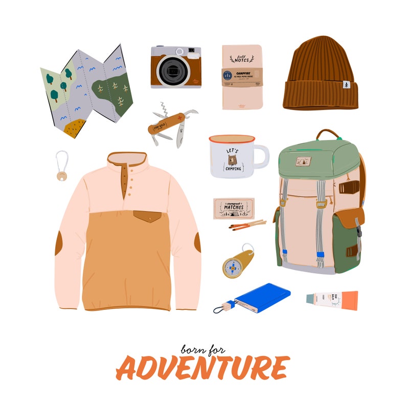May include: A set of camping and hiking gear, including a backpack, a fleece jacket, a map, a compass, a mug, matches, a camera, a beanie, and a multi-tool. The text "born for ADVENTURE" is at the bottom of the image.