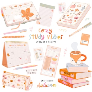 以下が含まれることがあります： 秋をテーマにした文房具の詰め合わせ。プランナー、メモ帳、カレンダー、ペンケース、ペン、本が含まれています。画像には「Cozy Study Vibes」と「Autumn」の文字が表示されています。カラーパレットは主にオレンジ、ピンク、白です。