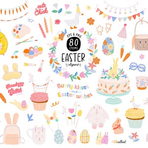 Whimsy Easter Clipart Cute Spring Holidays Clipart, Easter Quotes, Party Bunny Decoration: Cake Coloring Eggs Flowers. Digital Downloads PNG