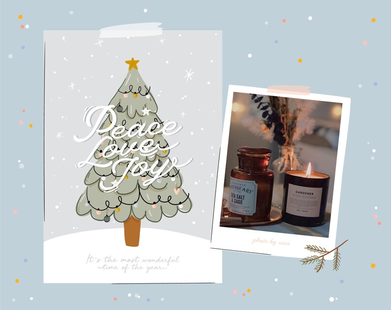 May include: A Christmas card with a hand-drawn illustration of a green Christmas tree with lights and ornaments. The tree has the words "Peace Love Joy" written on it. The card has a white background with a light blue border and snowflakes. The text "It's the most wonderful time of the year" is at the bottom of the card. A photo of a candle and a bottle of sea salt and sage is in the corner of the card.
