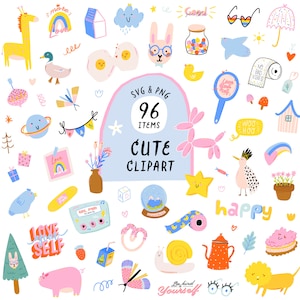 Cute Clipart Digital Stickers Trendy Doodles Clipart, Cartoon Abstract Kids icons Hand Drawn Baby Illustration Printable Clipart SVG PNG