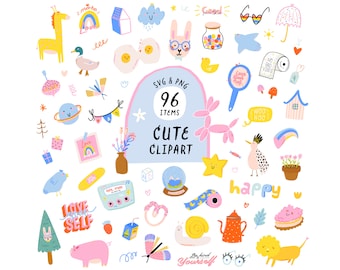 Clipart fofo, adesivos digitais, clipart de desenhos modernos, ícones infantis abstratos de desenho animado, ilustração de bebê desenhada à mão, clipart imprimível em SVG e PNG.
