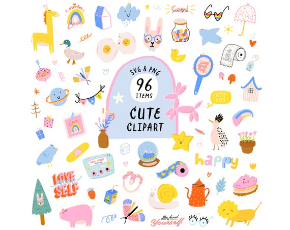 Cute Clipart Digital Stickers Trendy Doodles Clipart, Cartoon Abstract Kids icons Hand Drawn Baby Illustration Printable Clipart SVG PNG