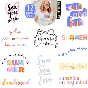 Lot de cliparts amusants citations d'été. Paroles de plage mignonnes. Légendes numériques d'Instagram pour filles d'été. Lettrage coloré dessiné à la main PNG SVG Cricut