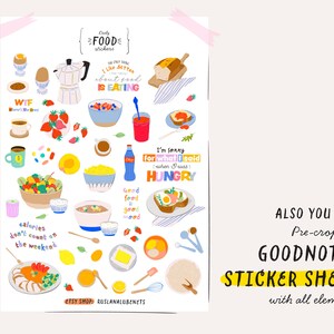 May include: A colorful sticker sheet with food-themed illustrations and text. The sheet includes images of breakfast foods, salads, sandwiches, and other snacks. The text includes phrases like "The only thing I like better about food is eating" and "I'm sorry for what I said when I was hungry".