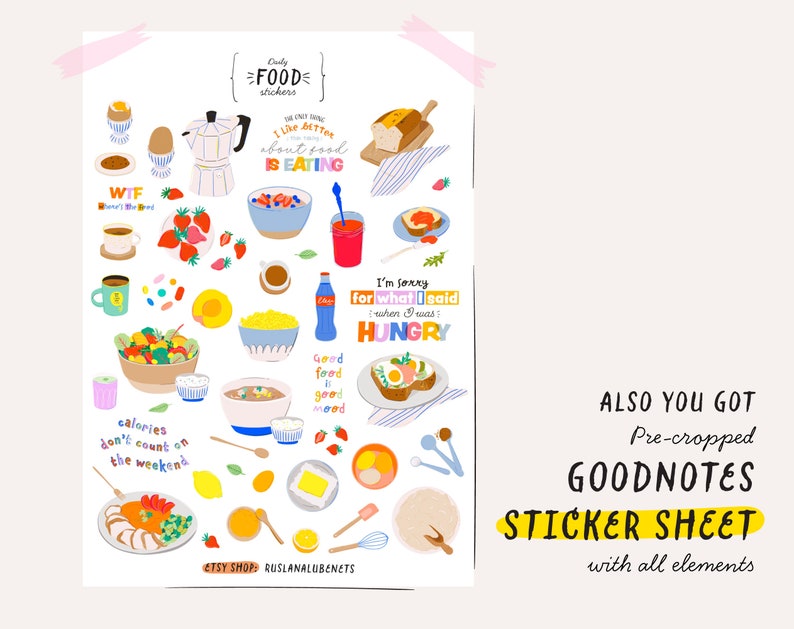 May include: A colorful sticker sheet with food-themed illustrations and text. The sheet includes images of breakfast foods, salads, sandwiches, and other snacks. The text includes phrases like "The only thing I like better about food is eating" and "I'm sorry for what I said when I was hungry".