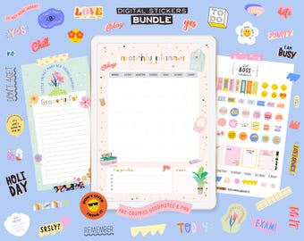 Cute Digital Planner, Sticker Bundle. Printable Journal Pages, Fun Productivity Stickers. Daily & Weekly Planner, Check list, Digital Paper