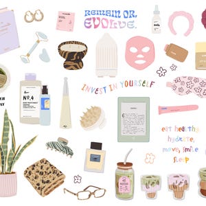 Puede incluir: Una colecci&oacute;n de art&iacute;culos de cuidado personal que incluye un libro, una mascarilla facial, un rodillo de jade, un difusor, una m&aacute;scara para dormir, una botella de agua, una planta, un libro, una pinza para el pelo, un cepillo, una vela, una bomba de ba&ntilde;o, una botella de champ&uacute;, una botella de perfume, unas gafas, una taza de matcha y una funda para el tel&eacute;fono. La imagen tambi&eacute;n incluye el texto "1% Better Everyday", "Remain or Evolve", "Invest in Yourself" y "Eat healthy, hydrate, move, smile, sleep".