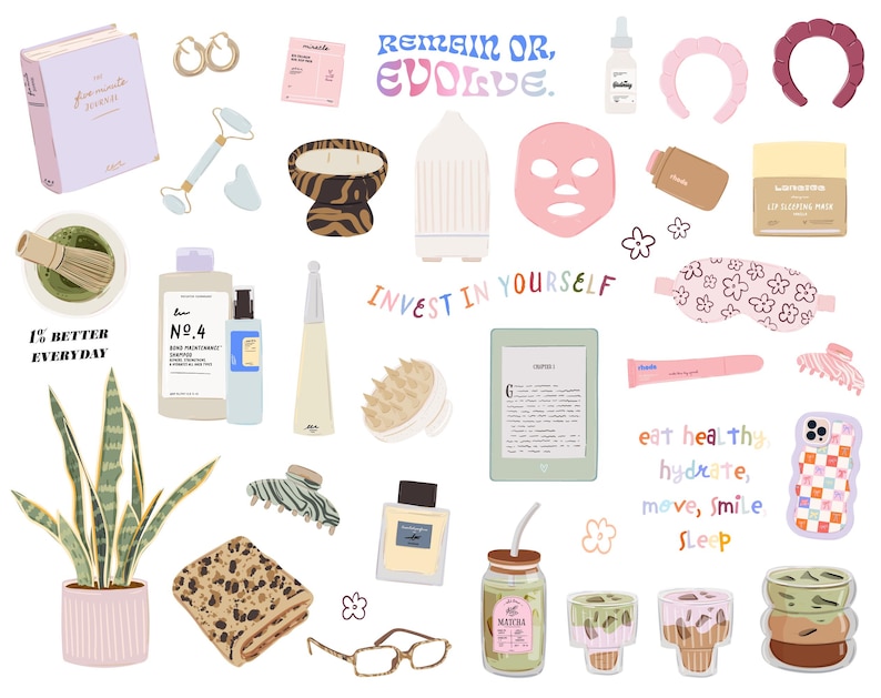 Puede incluir: Una colecci&oacute;n de art&iacute;culos de cuidado personal que incluye un libro, una mascarilla facial, un rodillo de jade, un difusor, una m&aacute;scara para dormir, una botella de agua, una planta, un libro, una pinza para el pelo, un cepillo, una vela, una bomba de ba&ntilde;o, una botella de champ&uacute;, una botella de perfume, unas gafas, una taza de matcha y una funda para el tel&eacute;fono. La imagen tambi&eacute;n incluye el texto "1% Better Everyday", "Remain or Evolve", "Invest in Yourself" y "Eat healthy, hydrate, move, smile, sleep".
