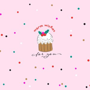 May include: A pink background with a white and brown cake with green holly and red berries. The cake has white frosting and the text "warm wishes for you" is written in black cursive.