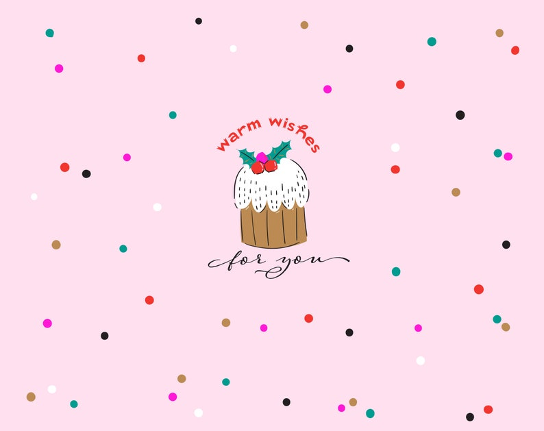 May include: A pink background with a white and brown cake with green holly and red berries. The cake has white frosting and the text "warm wishes for you" is written in black cursive.