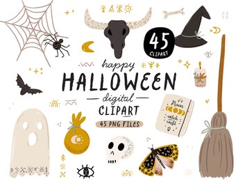Spooky Halloween Clipart: Autumn Mystery Digital PNG Set, Cute Hand drawn mystical illustration magic symbols spell books goest candle broom