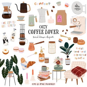 Clipart di caffè Elementi estetici del logo della caffetteria. Illustrazione carina per gli amanti del caffè Tipi di macchine per il caffè. Maglietta con citazioni sul caffè. Png digitale